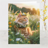 Prachtige rode kater versierd met bloemetjes kaart (Gele Bloem)