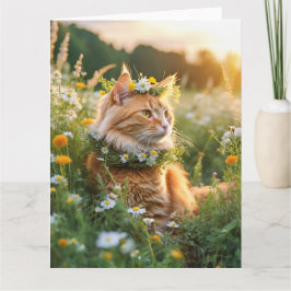 Prachtige rode kater versierd met bloemetjes kaart