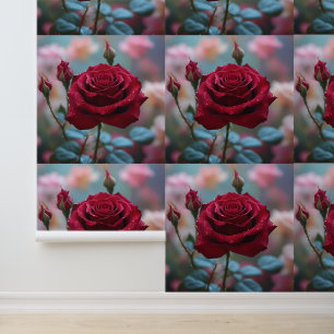 Prachtige rode roos schil en stok bloem behang