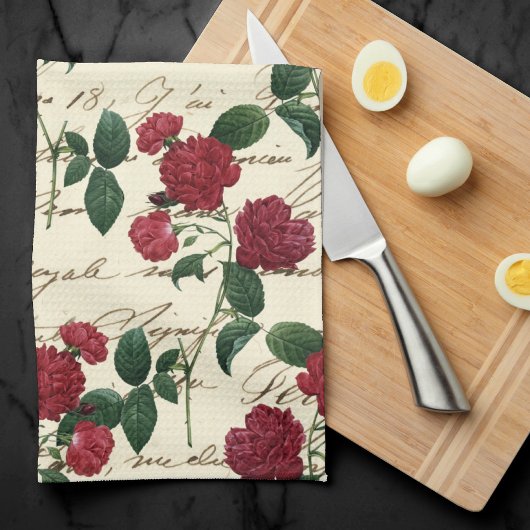 Prachtige rode rozen en klassieke  handschrift theedoek