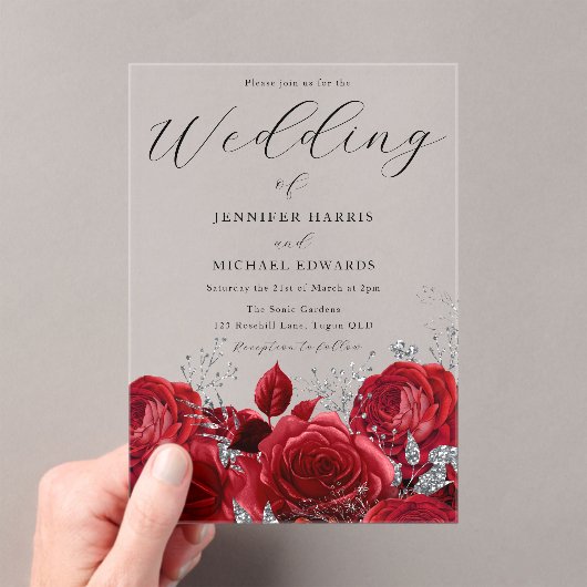 Prachtige rode rozen en zilverweddenschappen acryl uitnodigingen (Insitu (Draagbaar))