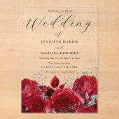 Prachtige rode rozen en zilverweddenschappen acryl uitnodigingen (Voorkant)