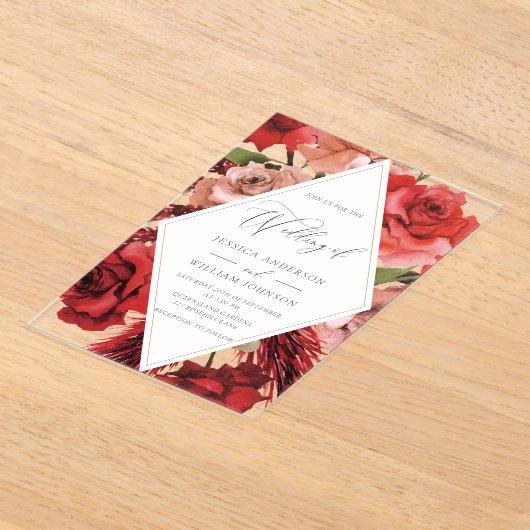 Prachtige rode rozen Lijst bruiloft Acryl Uitnodigingen (Laagn)