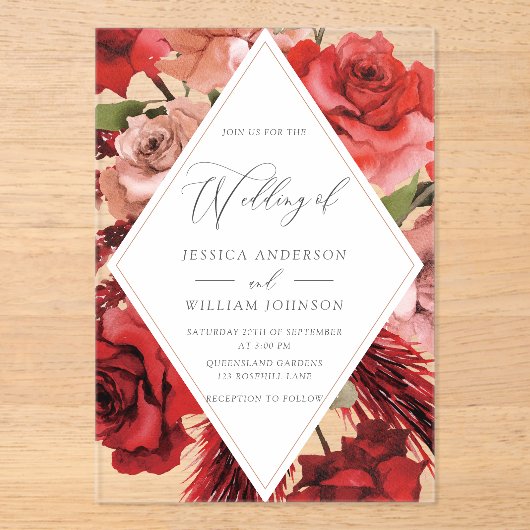 Prachtige rode rozen Lijst bruiloft Acryl Uitnodigingen (Voorkant)