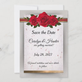 Prachtige rode rozen met gouden accenten bruiloft save the date