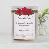 Prachtige rode rozen met gouden accenten bruiloft save the date (Staand voorkant)