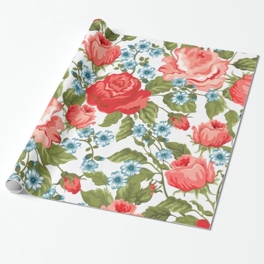 Prachtige rode rozen Retro Abstract Floral Pattern Cadeaupapier (Uitgerold)