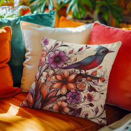 Prachtige rode vogel en bloemenzomer kussen