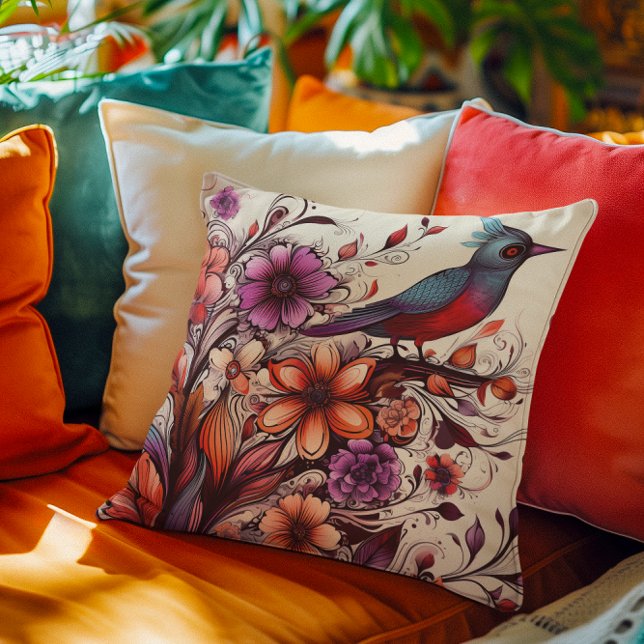Prachtige rode vogel en bloemenzomer kussen (Gorgeous Red bird and floral Summer Throw Pillow)
