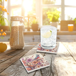 Prachtige rode vogel en bloemenzomer stenen onderzetter