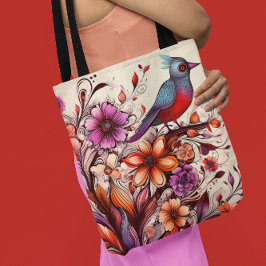 Prachtige rode vogel en bloemenzomer tote bag