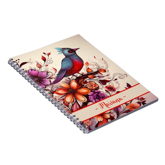 Prachtige rode vogel en bloemige aangepaste naam Z Notitieboek (Rechterzijde)