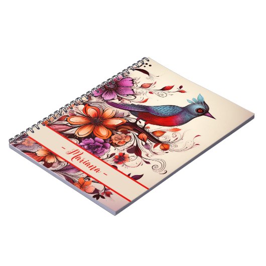 Prachtige rode vogel en bloemige aangepaste naam Z Notitieboek (Linkerzijde)