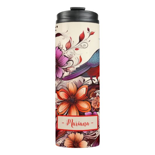 Prachtige rode vogel en bloemige aangepaste naam Z Thermosbeker (Voorkant)