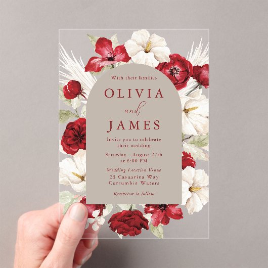 Prachtige Romantische Ruby Red Floral Lijst bruilo Acryl Uitnodigingen (Insitu (Draagbaar))