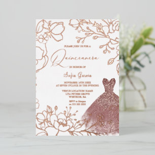 Prachtige Roos Gold Leaves Blush Quinceanera Folie Uitnodiging