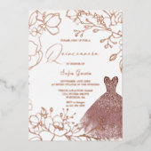 Prachtige Roos Gold Leaves Blush Quinceanera Folie Uitnodiging (Voorkant)