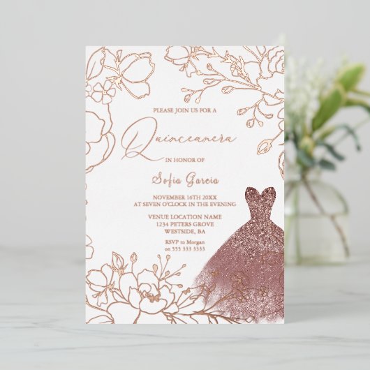 Prachtige Roos Gold Leaves Blush Quinceanera Folie Uitnodiging (Staand Voorkant)