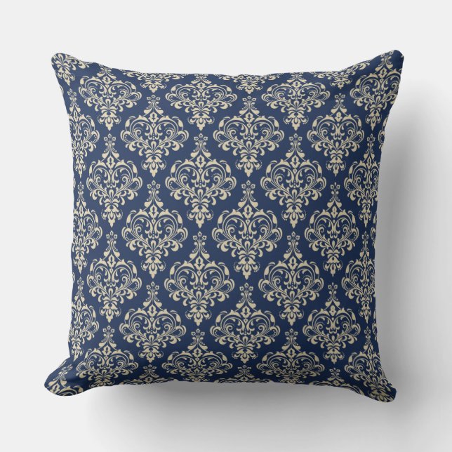 Prachtige Royal Blue Classic Elegant Damask Patter Buitenkussen (Voorkant)