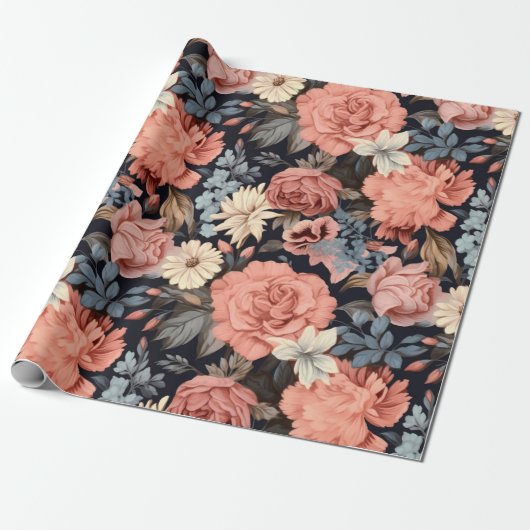 Prachtige roze blauw  bloemen cadeaupapier (Uitgerold)