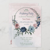 prachtige roze blauwe florale geboortedag kaart (Voorkant / Achterkant)