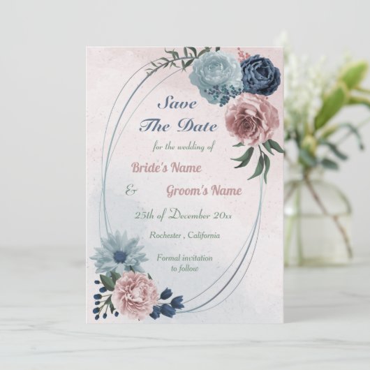 prachtige roze blauwe florale geometrie save the date (Staand voorkant)