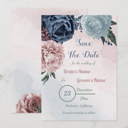 prachtige roze blauwe griesgriep save the date (Voorkant / Achterkant)