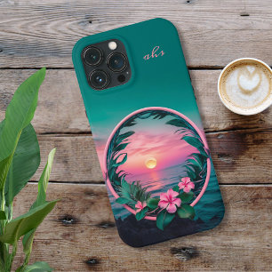 Prachtige roze-Blauwgroen tropische bloemenzonnekr Case-Mate iPhone Case