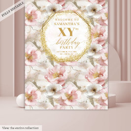 Prachtige Roze Bloemen Verjaardagsfeest Banner Wandkleed