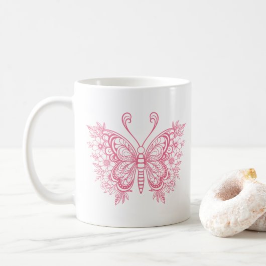 Prachtige roze bloemenvlinder koffiemok (Met donut)