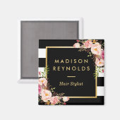 Prachtige roze bloemenzwart wit gestreept magneet (Voorkant / Achterkant)