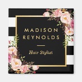 Prachtige roze bloemenzwart wit gestreept magneet (Voorkant)