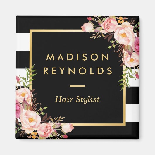 Prachtige roze bloemenzwart wit gestreept magneet (Voorkant)