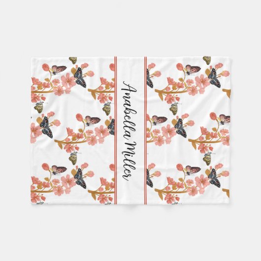 Prachtige roze Boho Butterfly Pattern Kinder Name Fleece Deken (Voorkant (Horizontaal))