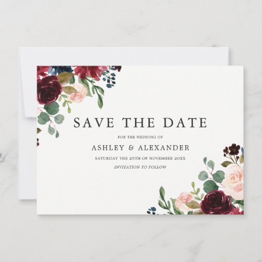 Prachtige Roze & Bordeaux Bloemen Elegante Trouwda Save The Date (Voorkant)
