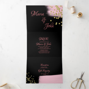 Prachtige Roze Borstel Glitter Confetti Bruiloft Drieluik Uitnodiging