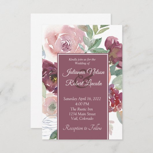 Prachtige roze en mauve waterverf met bloemen kaart (Voorkant / Achterkant)