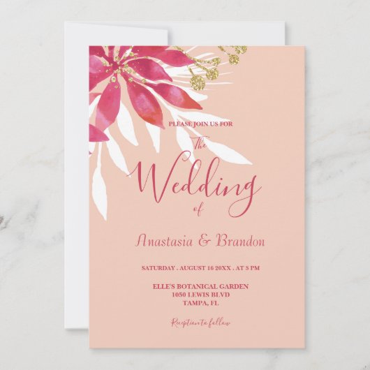 Prachtige roze en witte Floral bruiloft Kaart (Voorkant)