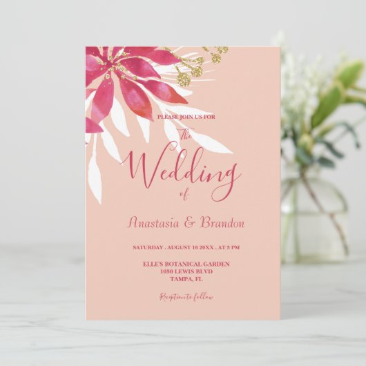 Prachtige roze en witte Floral bruiloft Kaart (Staand voorkant)