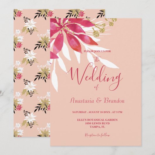 Prachtige roze en witte Floral bruiloft Kaart (Voorkant / Achterkant)