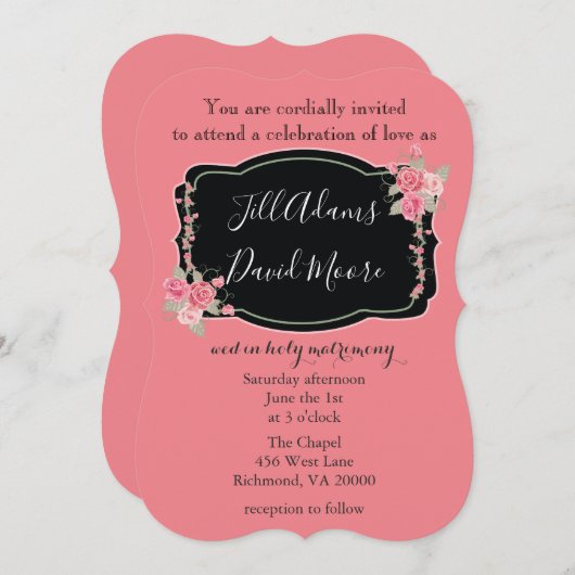 Prachtige roze en zwarte bruiloft kaart (Voorkant / Achterkant)