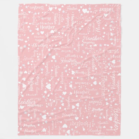 Prachtige roze fleece deken met naam en harten (Voorkant)