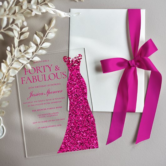 Prachtige roze jurk 40ste verjaardag partij acryl uitnodigingen