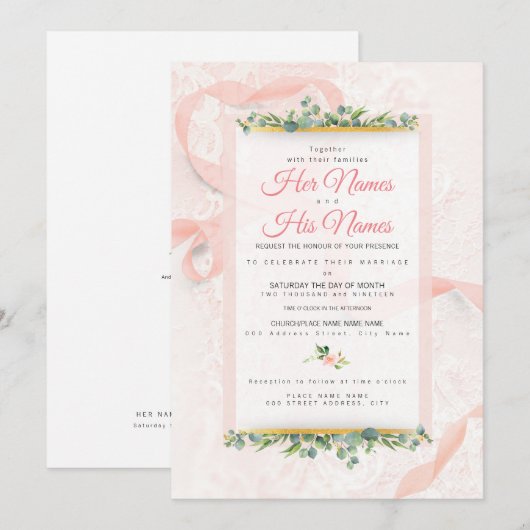 Prachtige roze kant en ribbon Wedding-uitnodiginge Kaart (Voorkant / Achterkant)