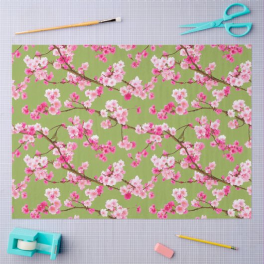 Prachtige roze kersenbloesems op Chartreuse Tissuepapier (Craft)
