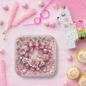 Prachtige Roze Kerstkrans Bloemenlinten Papieren Bordje (Feest)