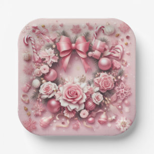 Prachtige Roze Kerstkrans Bloemenlinten Papieren Bordje