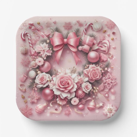 Prachtige Roze Kerstkrans Bloemenlinten Papieren Bordje (Voorkant)