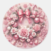 Prachtige Roze Kerstkrans Bloemenlinten Ronde Sticker (Voorkant)
