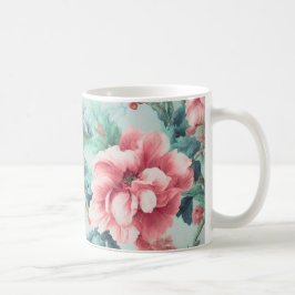 Prachtige roze klaret bloemen, groen blauw blad koffiemok